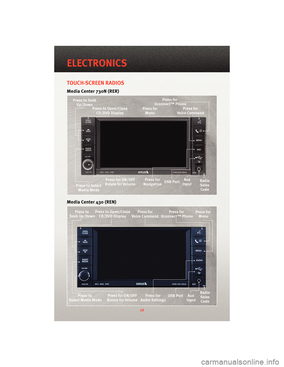 DODGE AVENGER 2010 2.G User Guide TOUCH-SCREEN RADIOS
Media Center 730N (RER)
Media Center 430 (REN)
ELECTRONICS
26 