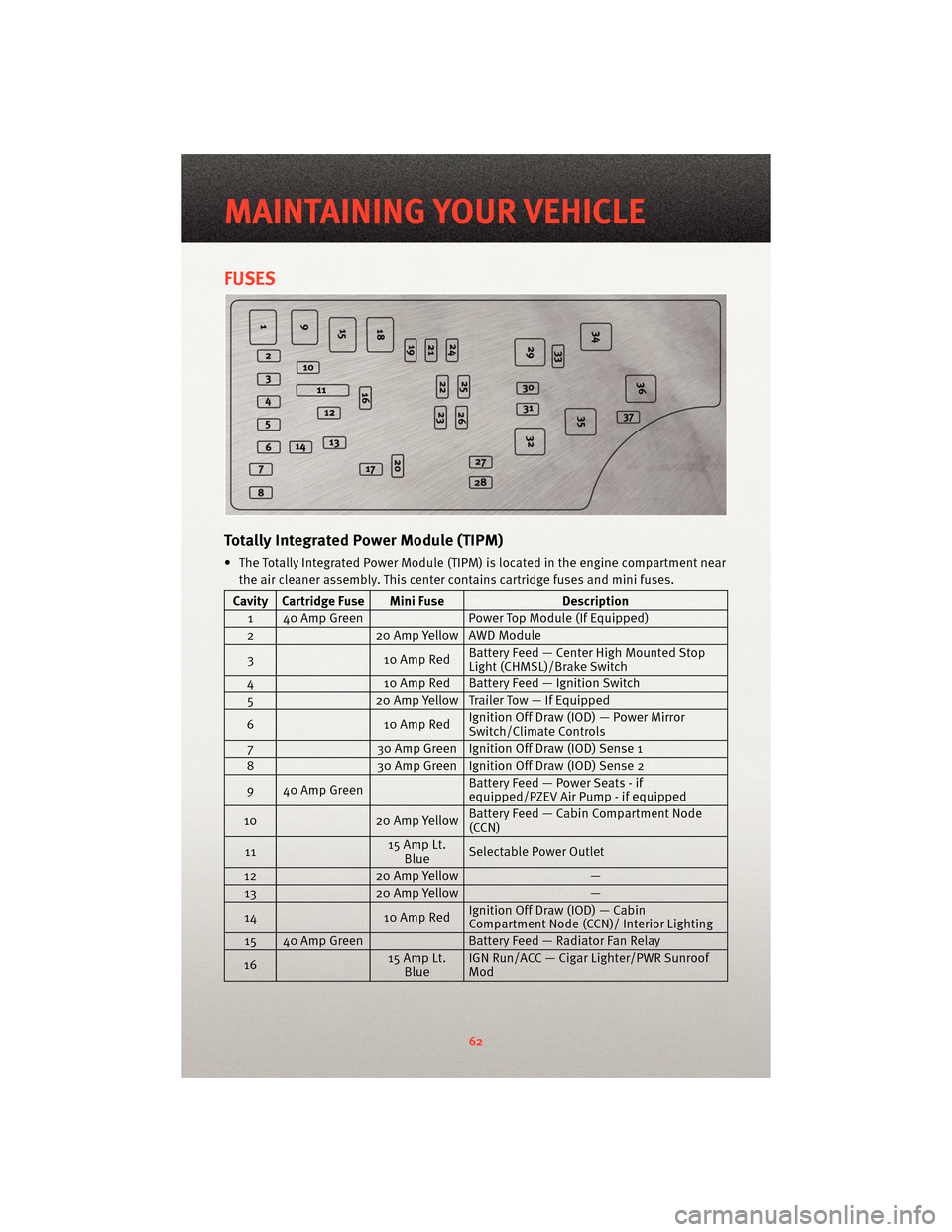 DODGE AVENGER 2010 2.G User Guide FUSES
TotallyIntegrated Power Module (TIPM)
• The Totally Integrated Power Module (TIPM) is located in the engine compartment near
the air cleaner assembly. This center contains cartridge fuses and 