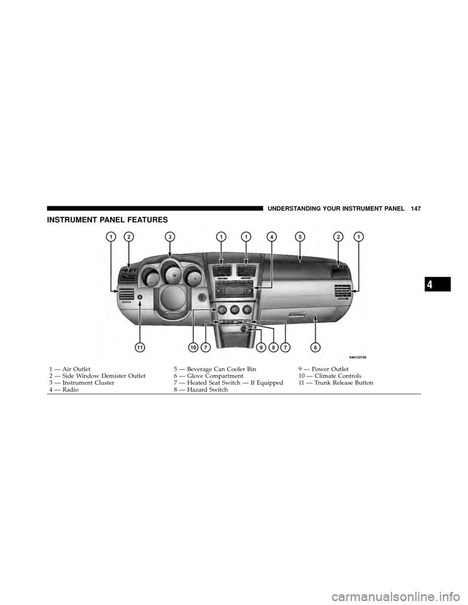 DODGE AVENGER 2010 2.G Owners Manual INSTRUMENT PANEL FEATURES
1 — Air Outlet5 — Beverage Can Cooler Bin9 — Power Outlet
2 — Side Window Demister Outlet 6 — Glove Compartment 10 — Climate Controls
3 — Instrument Cluster 7 �