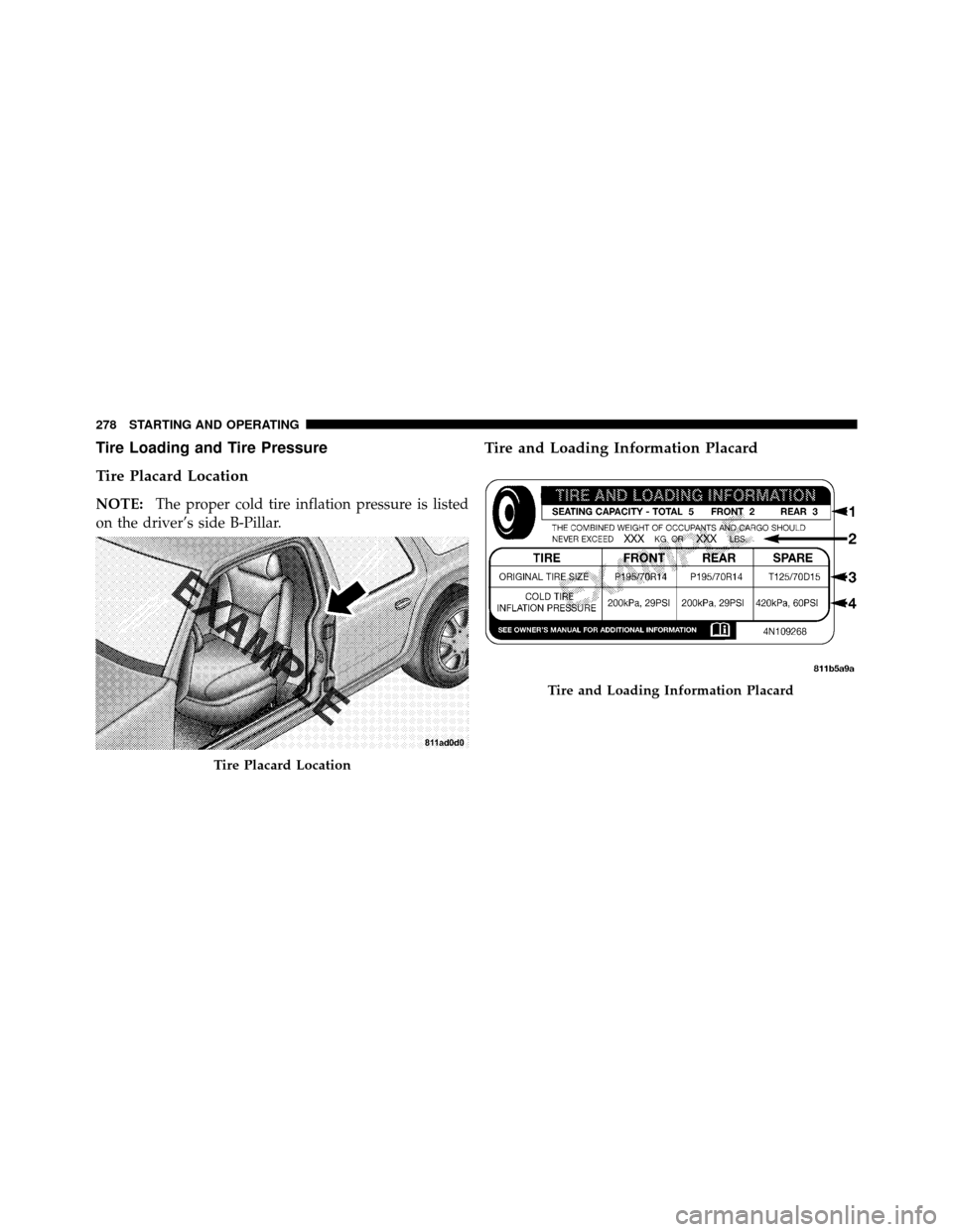 DODGE AVENGER 2010 2.G Owners Manual Tire Loading and Tire Pressure
Tire Placard Location
NOTE:The proper cold tire inflation pressure is listed
on the driver’s side B-Pillar.
Tire and Loading Information Placard
Tire Placard Location
