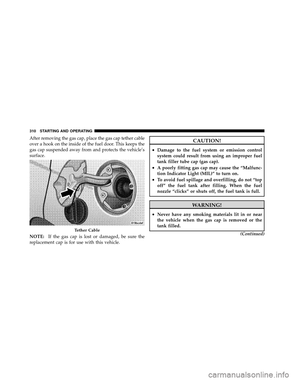 DODGE AVENGER 2010 2.G Owners Manual After removing the gas cap, place the gas cap tether cable
over a hook on the inside of the fuel door. This keeps the
gas cap suspended away from and protects the vehicle’s
surface.
NOTE:If the gas DODGE AVENGER 2010 2.G Owners Manual After removing the gas cap, place the gas cap tether cable
over a hook on the inside of the fuel door. This keeps the
gas cap suspended away from and protects the vehicle’s
surface.
NOTE:If the gas