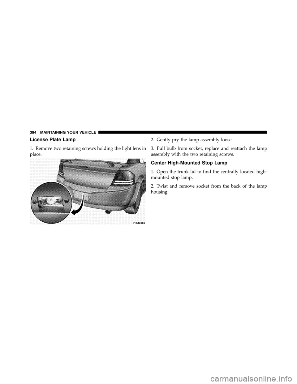 DODGE AVENGER 2010 2.G Owners Manual License Plate Lamp
1. Remove two retaining screws holding the light lens in
place.2. Gently pry the lamp assembly loose.
3. Pull bulb from socket, replace and reattach the lamp
assembly with the two r