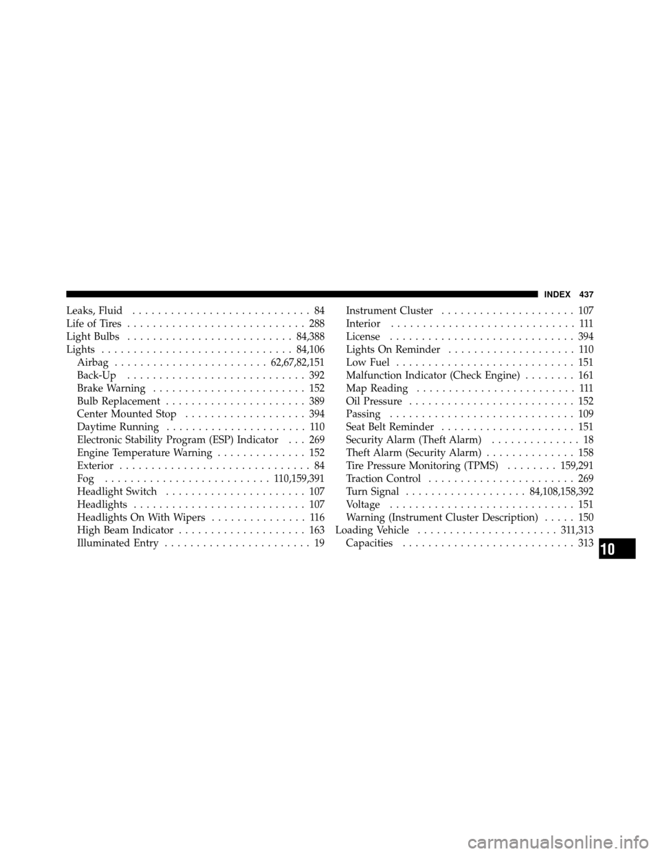 DODGE AVENGER 2010 2.G Owners Manual Leaks, Fluid............................ 84
Life of Tires ............................ 288
Light Bulbs .......................... 84,388
Lights .............................. 84,106
Airbag ...........