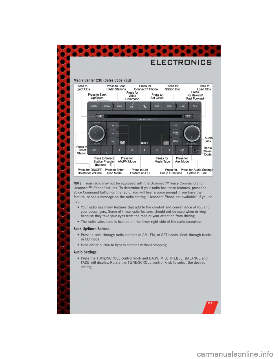 DODGE AVENGER 2011 2.G User Guide Media Center 230 (Sales Code REQ)
NOTE:Your radio may not be equipped with the Uconnect™ Voice Command and
Uconnect™ Phone features. To determine if your radio has these features, press the
Voice 