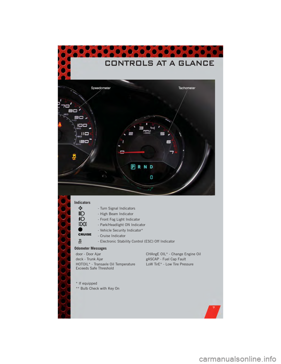 DODGE AVENGER 2011 2.G User Guide Indicators
- Turn Signal Indicators
- High Beam Indicator
- Front Fog Light Indicator
- Park/Headlight ON Indicator
- Vehicle Security Indicator*
- Cruise Indicator
- Electronic Stability Control (ESC DODGE AVENGER 2011 2.G User Guide Indicators
- Turn Signal Indicators
- High Beam Indicator
- Front Fog Light Indicator
- Park/Headlight ON Indicator
- Vehicle Security Indicator*
- Cruise Indicator
- Electronic Stability Control (ESC