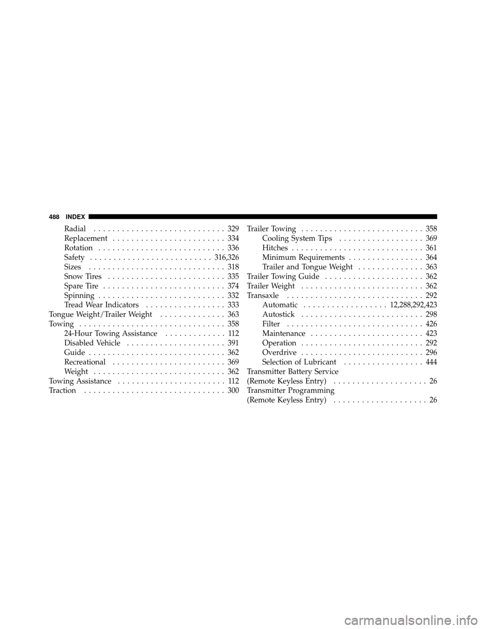 DODGE AVENGER 2011 2.G Repair Manual Radial............................ 329
Replacement ........................ 334
Rotation ........................... 336
Safety .......................... 316,326
Sizes ............................. 3