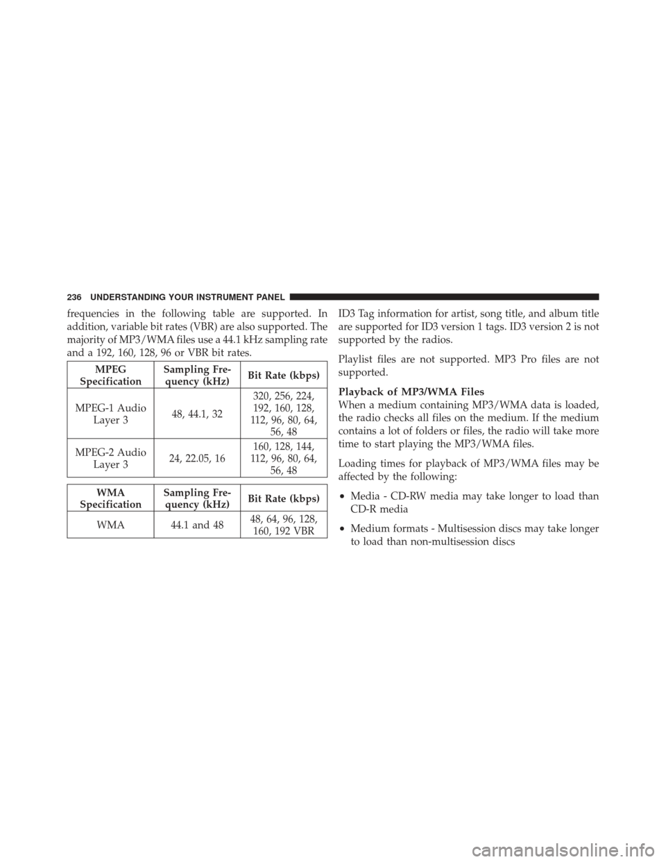 DODGE AVENGER 2012 2.G Owners Manual frequencies in the following table are supported. In
addition, variable bit rates (VBR) are also supported. The
majority of MP3/WMA files use a 44.1 kHz sampling rate
and a 192, 160, 128, 96 or VBR bi