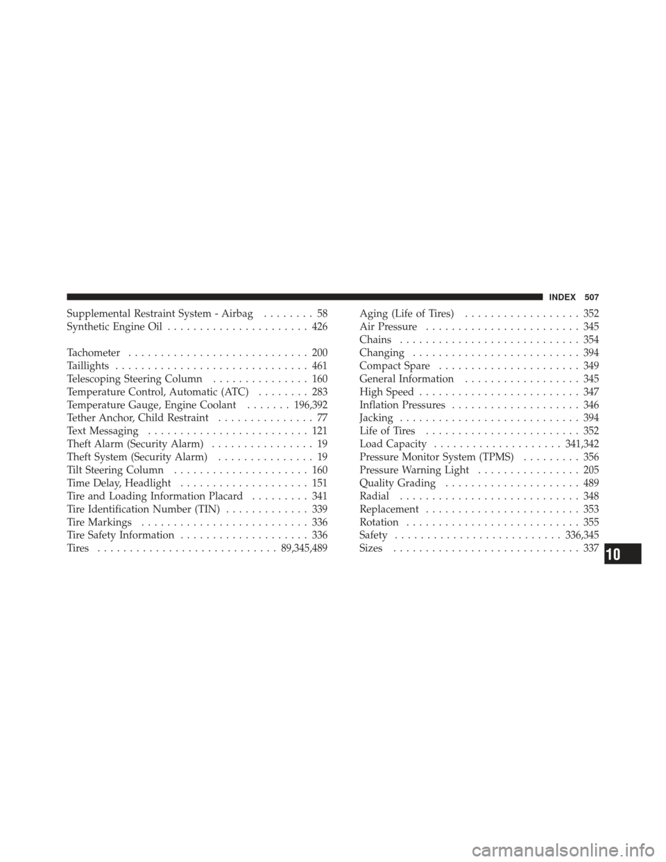 DODGE AVENGER 2012 2.G User Guide Supplemental Restraint System - Airbag........ 58
Synthetic Engine Oil ...................... 426
Tachometer ............................ 200
Taillights .............................. 461
Telescoping 