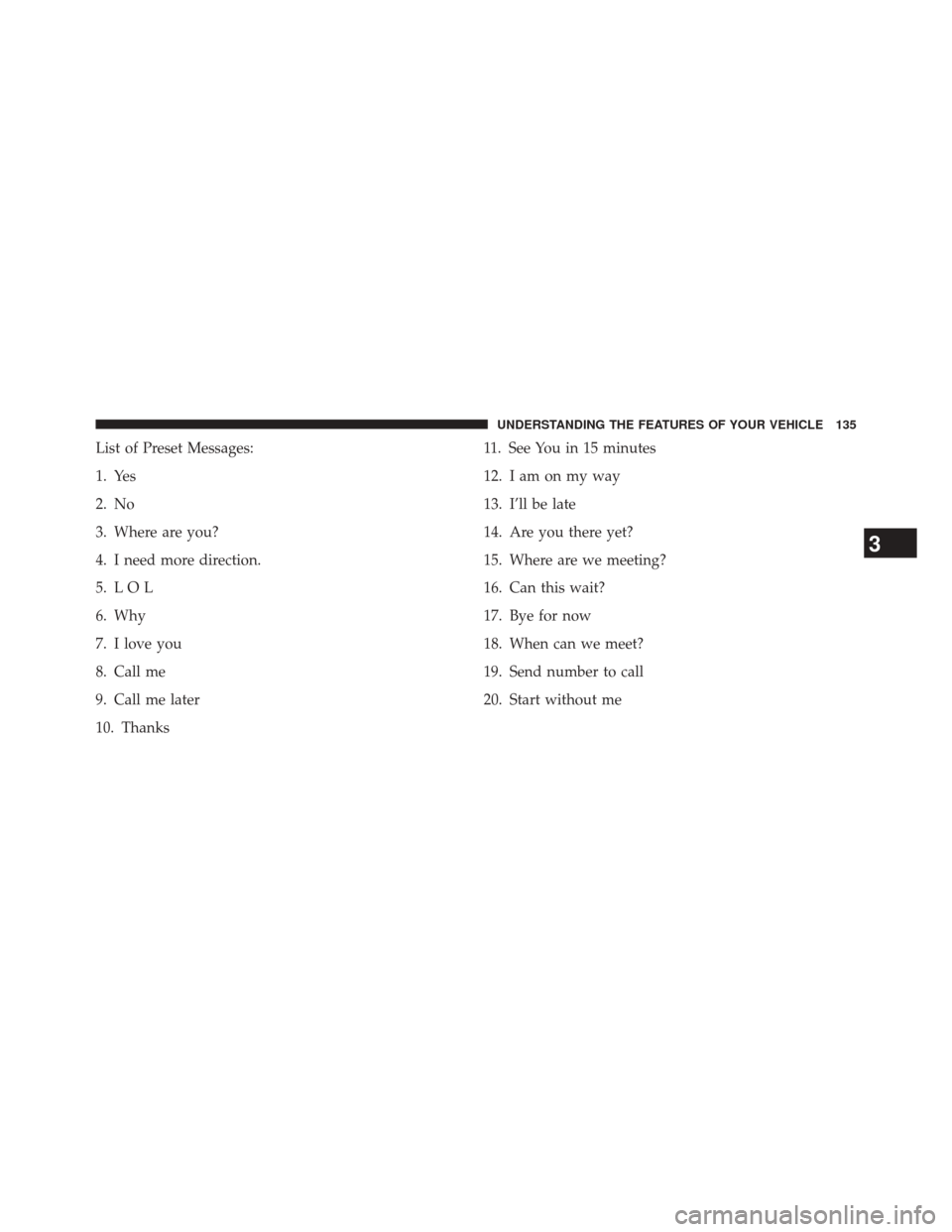 DODGE AVENGER 2013 2.G Owners Manual List of Preset Messages:
1. Yes
2. No
3. Where are you?
4. I need more direction.
5. L O L
6. Why
7. I love you
8. Call me
9. Call me later
10. Thanks11. See You in 15 minutes
12. I am on my way
13. I