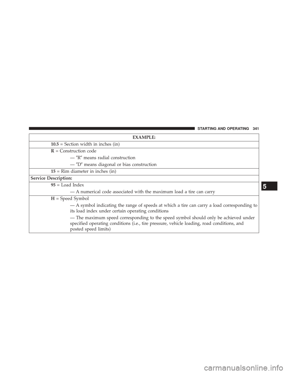 DODGE AVENGER 2013 2.G Owners Manual EXAMPLE:
10.5 = Section width in inches (in)
R = Construction code
—R means radial construction
— D means diagonal or bias construction
15 = Rim diameter in inches (in)
Service Description: 95