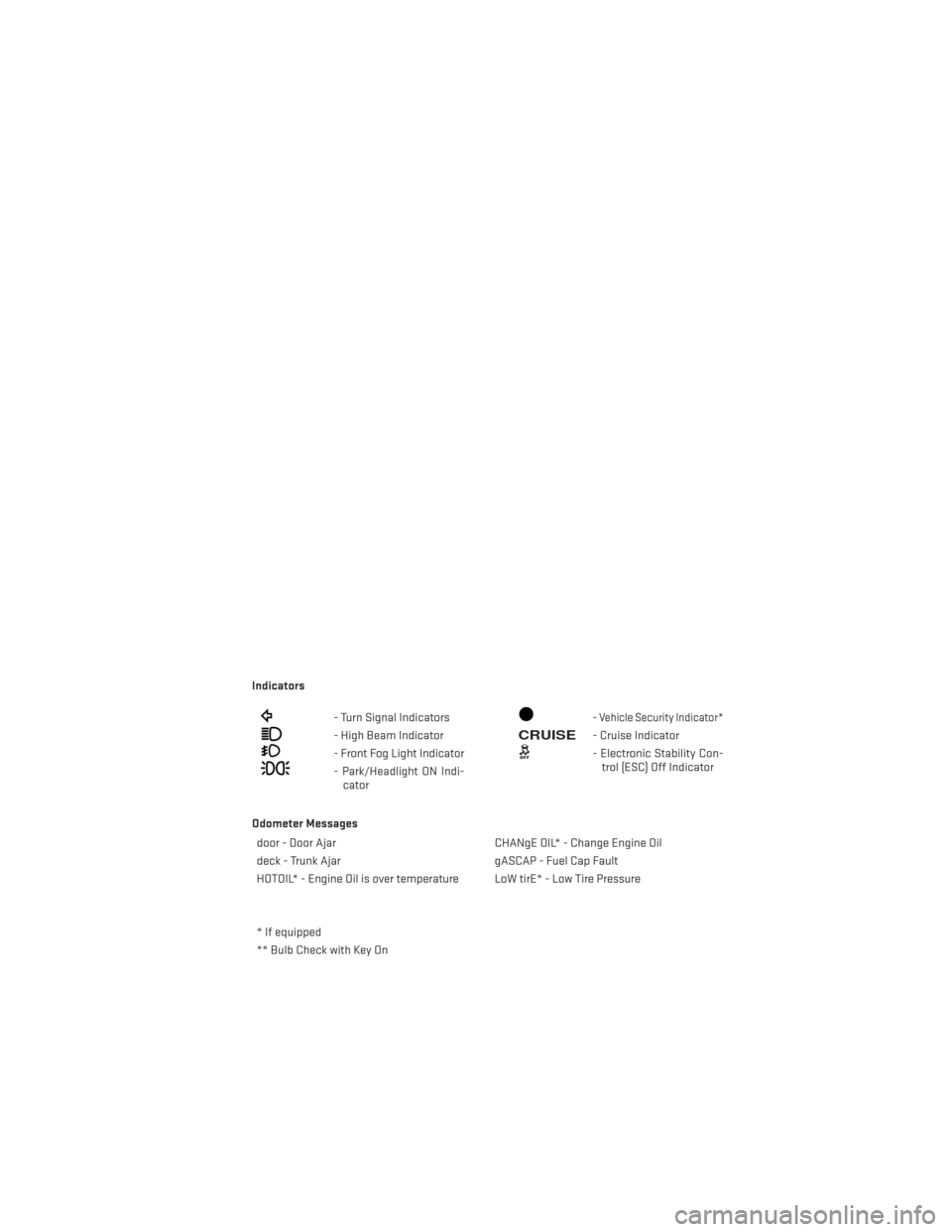 DODGE AVENGER 2014 2.G User Guide Indicators
- Turn Signal Indicators
- High Beam Indicator
- Front Fog Light Indicator
- Park/Headlight ON Indi-cator
-Vehicle Security Indicator*
CRUISE- Cruise Indicator
- Electronic Stability Con-tr