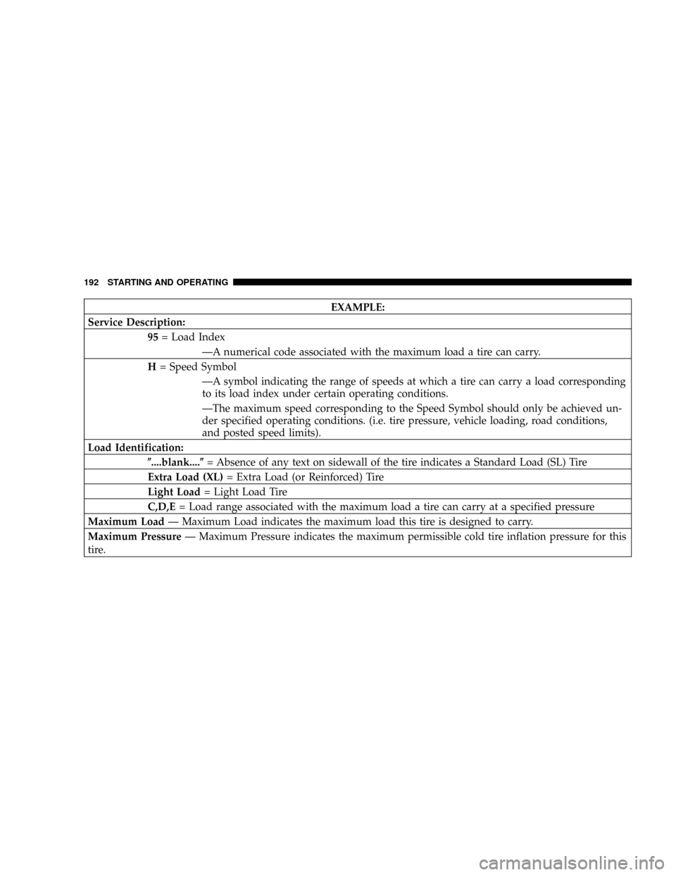 DODGE CALIBER 2006 1.G Owners Manual EXAMPLE:
Service Description:
95= Load Index
ÐA numerical code associated with the maximum load a tire can carry.
H= Speed Symbol
ÐA symbol indicating the range of speeds at which a tire can carry a