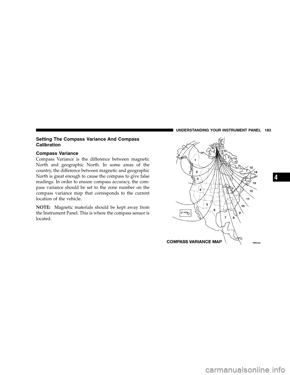 DODGE CALIBER 2008 1.G Owners Manual Setting The Compass Variance And Compass
Calibration
Compass Variance
Compass Variance is the difference between magnetic
North and geographic North. In some areas of the
country, the difference betwe DODGE CALIBER 2008 1.G Owners Manual Setting The Compass Variance And Compass
Calibration
Compass Variance
Compass Variance is the difference between magnetic
North and geographic North. In some areas of the
country, the difference betwe