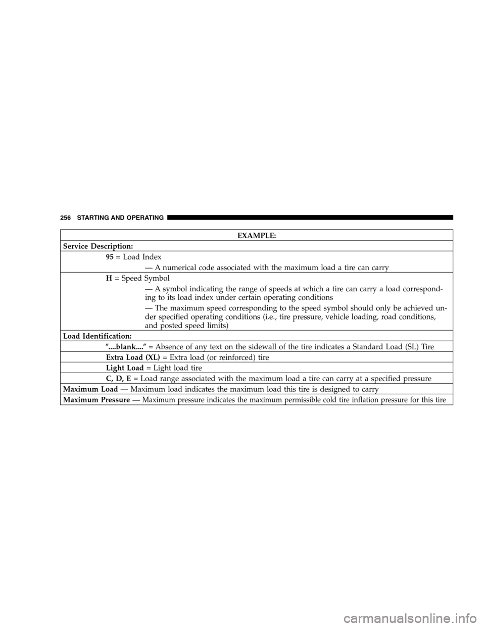 DODGE CALIBER 2008 1.G Owners Manual EXAMPLE:
Service Description:
95= Load Index
— A numerical code associated with the maximum load a tire can carry
H= Speed Symbol
— A symbol indicating the range of speeds at which a tire can carr