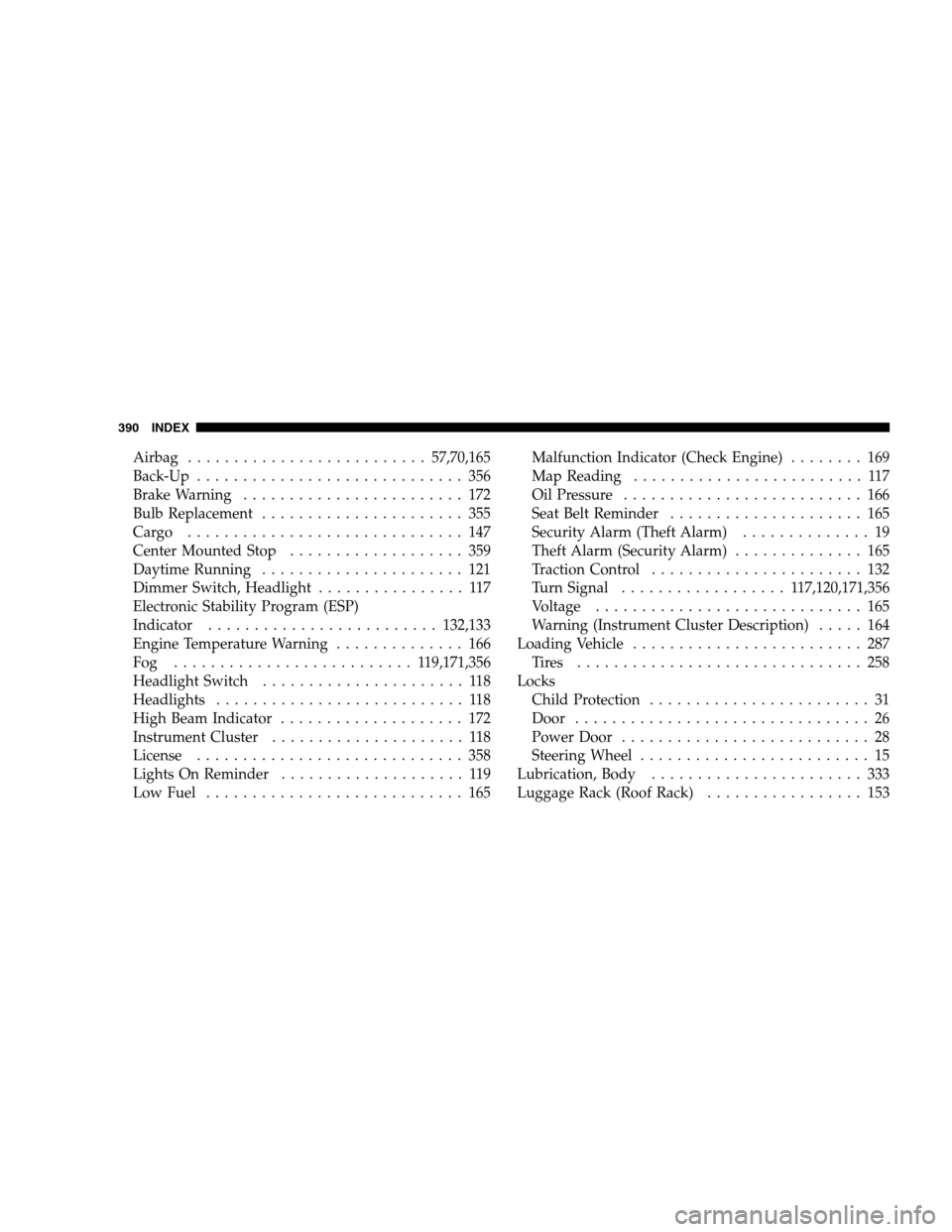 DODGE CALIBER 2008 1.G User Guide Airbag.......................... 57,70,165
Back-Up............................. 356
Brake Warning........................ 172
Bulb Replacement...................... 355
Cargo .........................