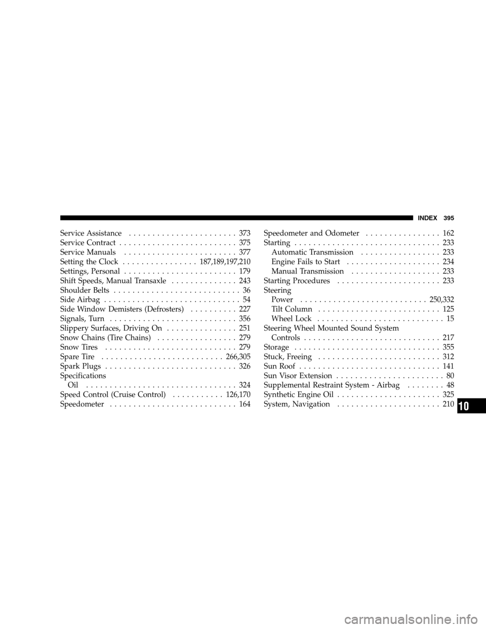 DODGE CALIBER 2008 1.G User Guide Service Assistance....................... 373
Service Contract......................... 375
Service Manuals........................ 377
Setting the Clock................187,189,197,210
Settings, Perso