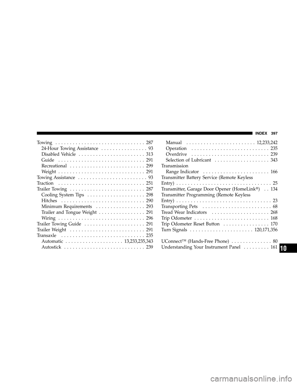 DODGE CALIBER 2008 1.G Repair Manual Towing ............................... 287
24-Hour Towing Assistance................ 93
Disabled Vehicle....................... 313
Guide .............................. 291
Recreational...............