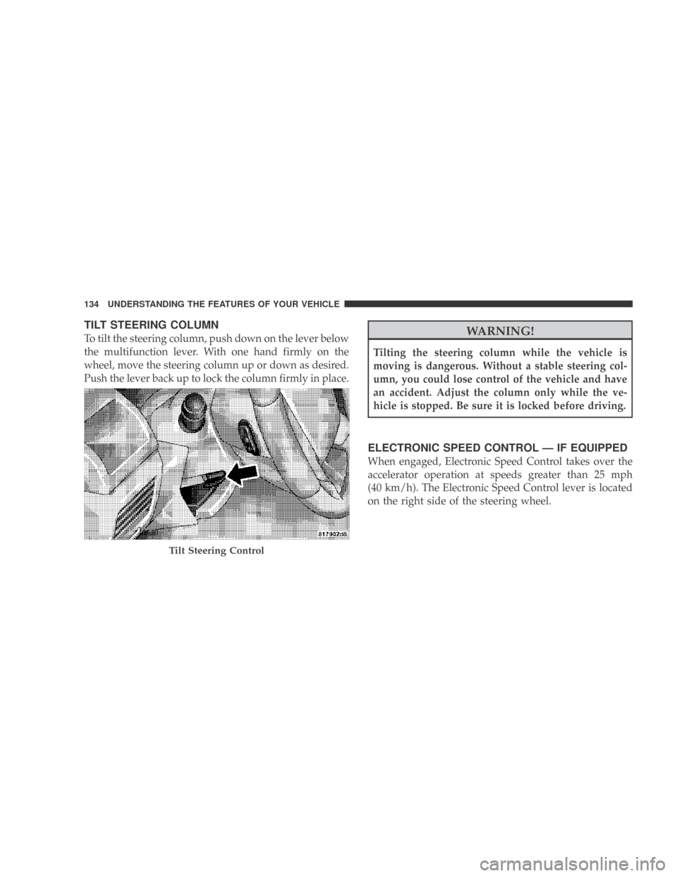 DODGE CALIBER 2009 1.G Owners Manual TILT STEERING COLUMN
To tilt the steering column, push down on the lever below
the multifunction lever. With one hand firmly on the
wheel, move the steering column up or down as desired.
Push the leve