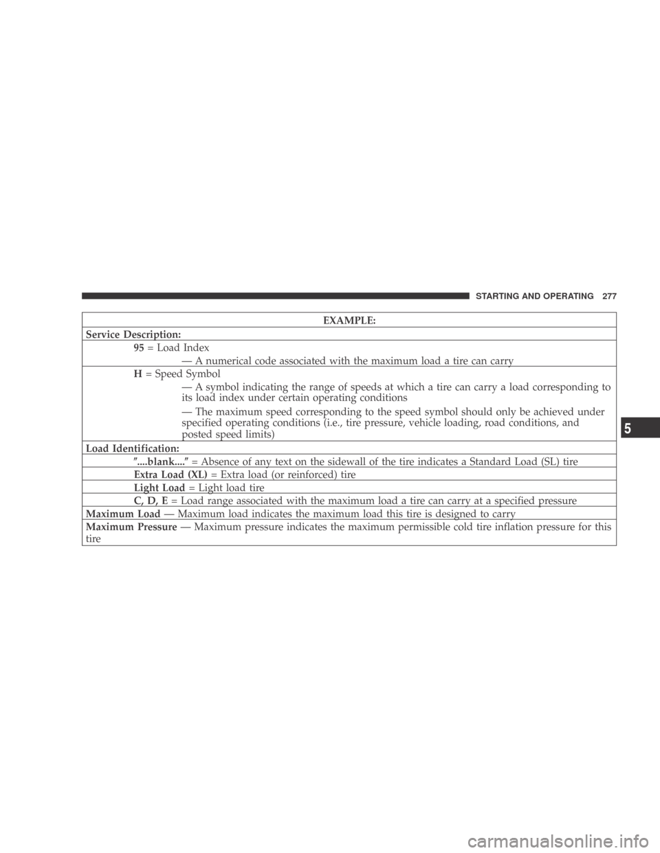 DODGE CALIBER 2009 1.G Owners Manual EXAMPLE:
Service Description: 95= Load Index
— A numerical code associated with the maximum load a tire can carry
H = Speed Symbol
— A symbol indicating the range of speeds at which a tire can car