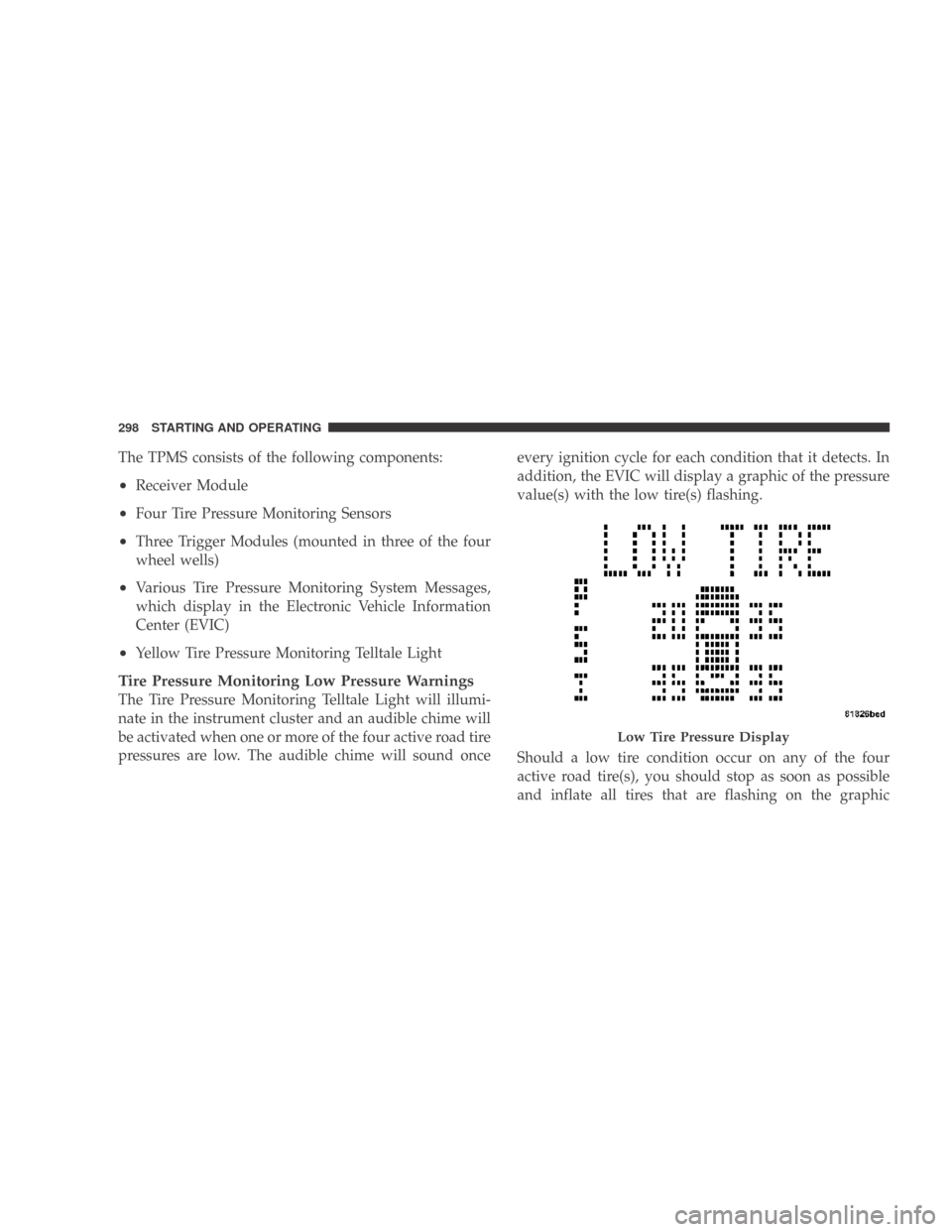 DODGE CALIBER 2009 1.G User Guide The TPMS consists of the following components:
•Receiver Module
•Four Tire Pressure Monitoring Sensors
•Three Trigger Modules (mounted in three of the four
wheel wells)
•Various Tire Pressure 