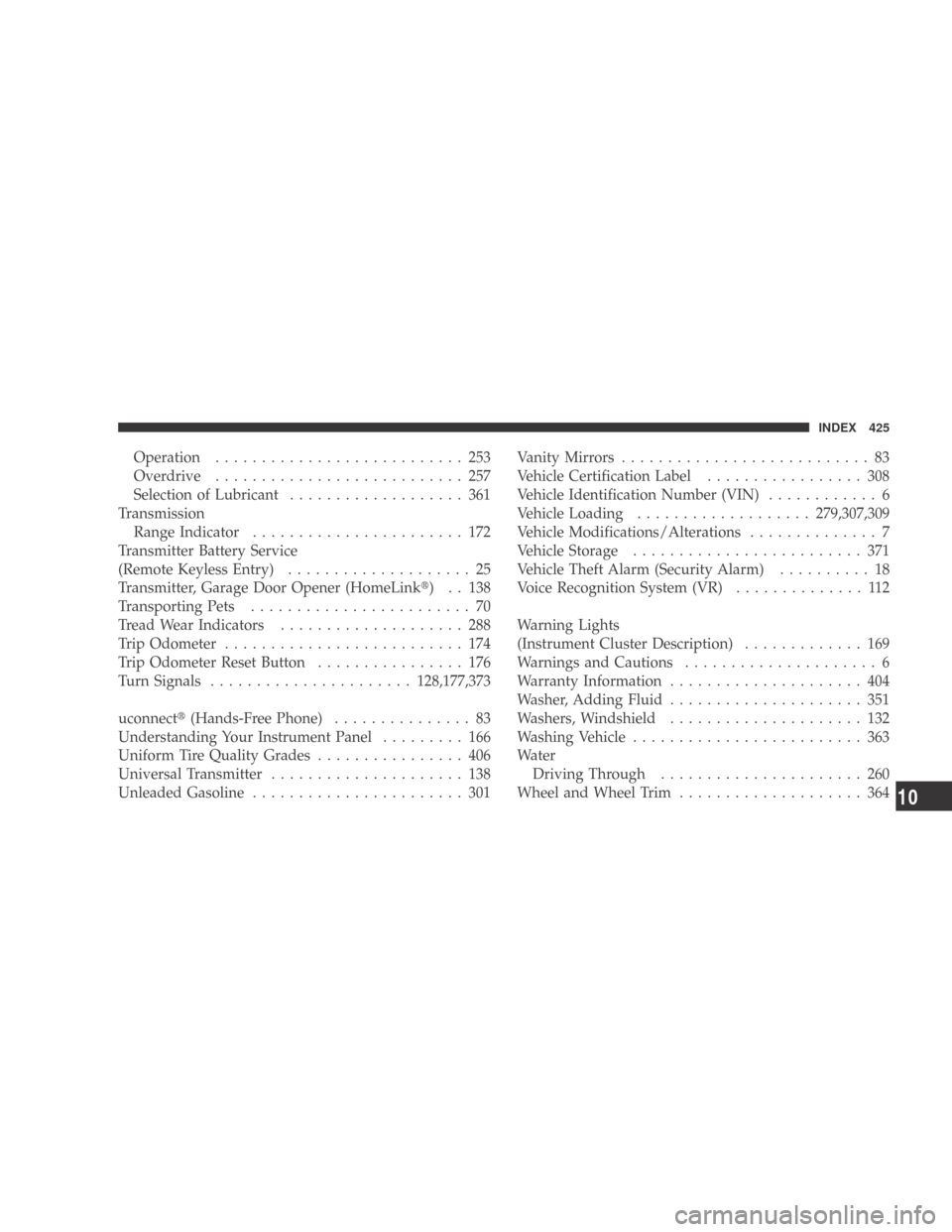 DODGE CALIBER 2009 1.G Owners Manual Operation........................... 253
Overdrive ........................... 257
Selection of Lubricant ................... 361
Transmission Range Indicator ....................... 172
Transmitter B