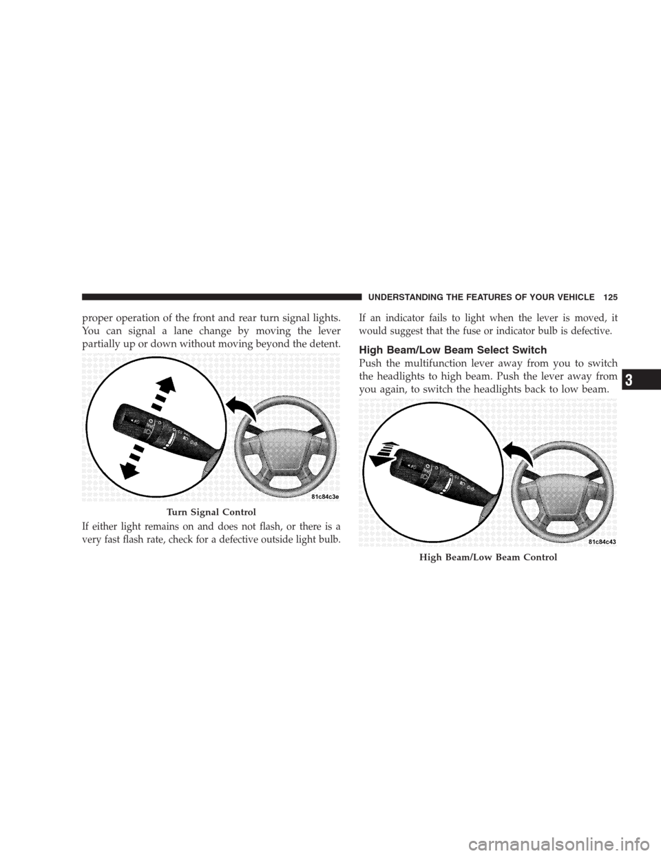 DODGE CALIBER SRT 2009 1.G Owners Manual proper operation of the front and rear turn signal lights.
You can signal a lane change by moving the lever
partially up or down without moving beyond the detent.
If either light remains on and does n