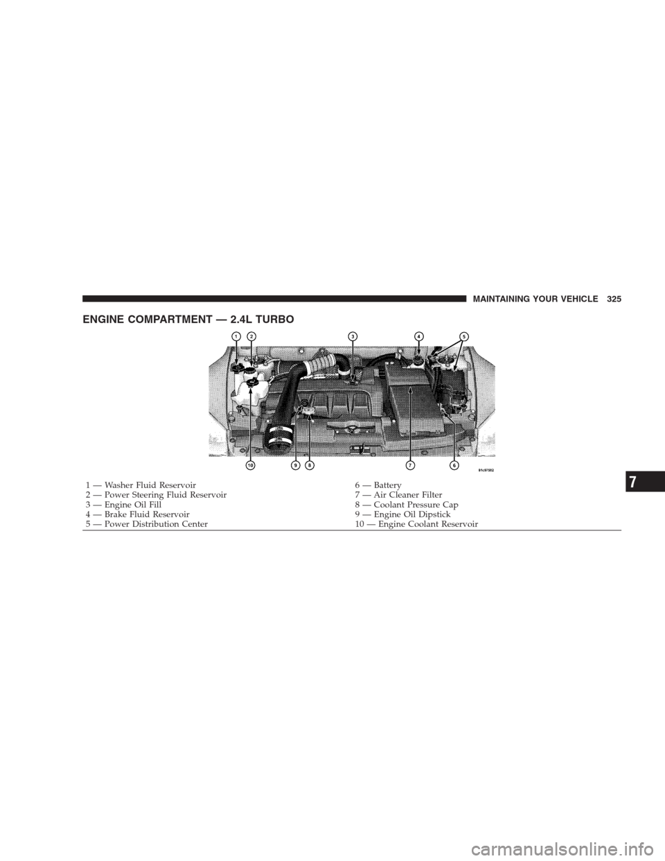 DODGE CALIBER SRT 2009 1.G Owners Manual ENGINE COMPARTMENT — 2.4L TURBO
1 — Washer Fluid Reservoir 6 — Battery
2 — Power Steering Fluid Reservoir 7 — Air Cleaner Filter
3 — Engine Oil Fill 8 — Coolant Pressure Cap
4 — Brake 