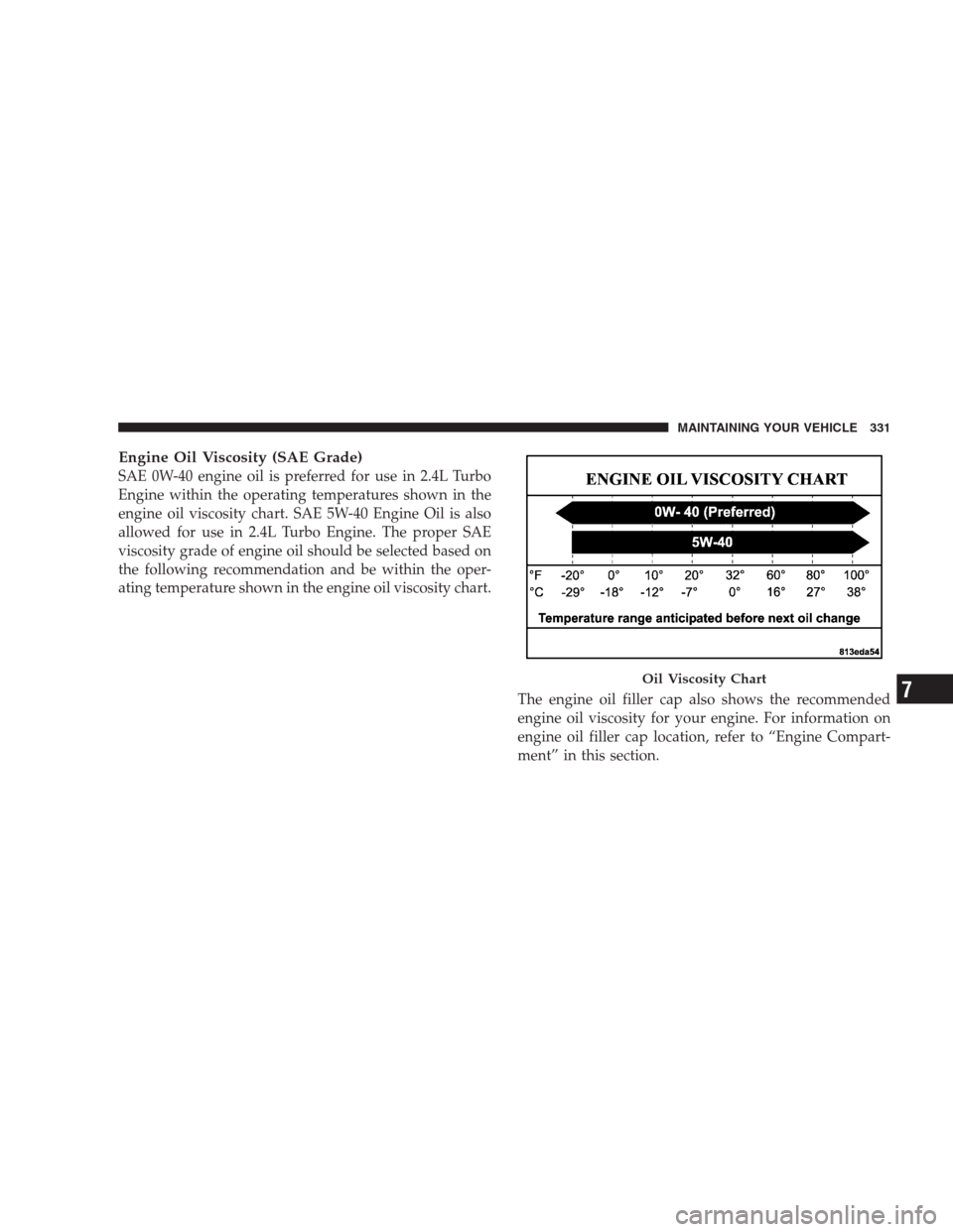 DODGE CALIBER SRT 2009 1.G Owners Manual Engine Oil Viscosity (SAE Grade)
SAE 0W-40 engine oil is preferred for use in 2.4L Turbo
Engine within the operating temperatures shown in the
engine oil viscosity chart. SAE 5W-40 Engine Oil is also
DODGE CALIBER SRT 2009 1.G Owners Manual Engine Oil Viscosity (SAE Grade)
SAE 0W-40 engine oil is preferred for use in 2.4L Turbo
Engine within the operating temperatures shown in the
engine oil viscosity chart. SAE 5W-40 Engine Oil is also
