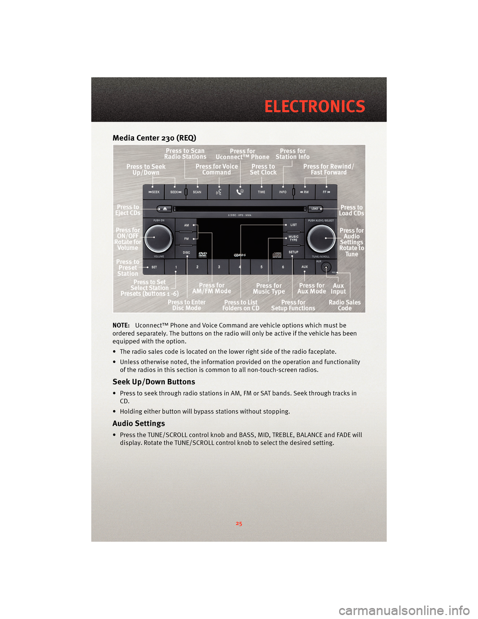 DODGE CALIBER 2010 1.G User Guide Media Center 230 (REQ)
NOTE:Uconnect™ Phone and Voice Command are vehicle options which must be
ordered separately. The butt ons on the radio will only be active if the vehicle has been
equipped wit