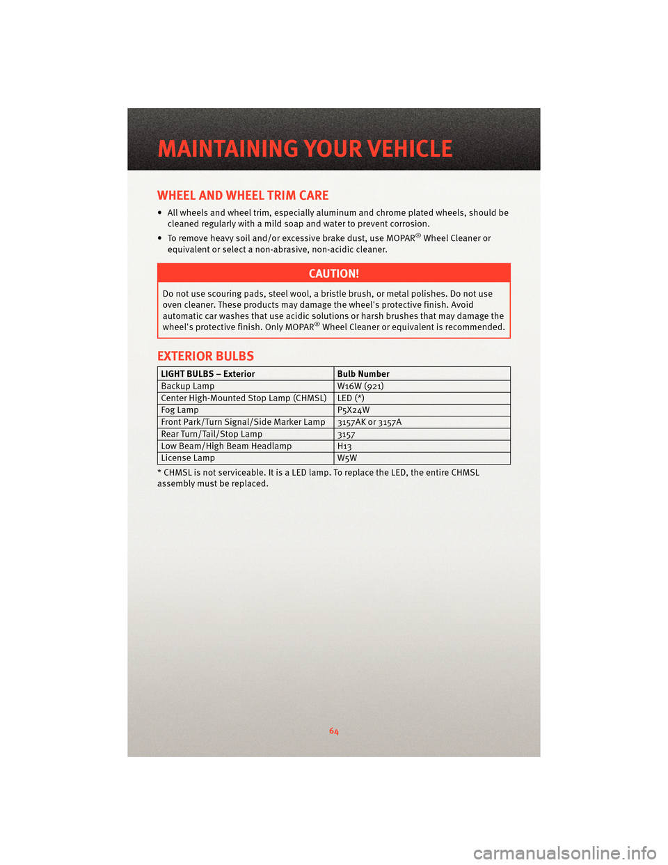 DODGE CALIBER 2010 1.G Repair Manual WHEEL AND WHEEL TRIM CARE
• All wheels and wheel trim, especially aluminum and chrome plated wheels, should becleaned regularly with a mild soap and water to prevent corrosion.
• To remove heavy s