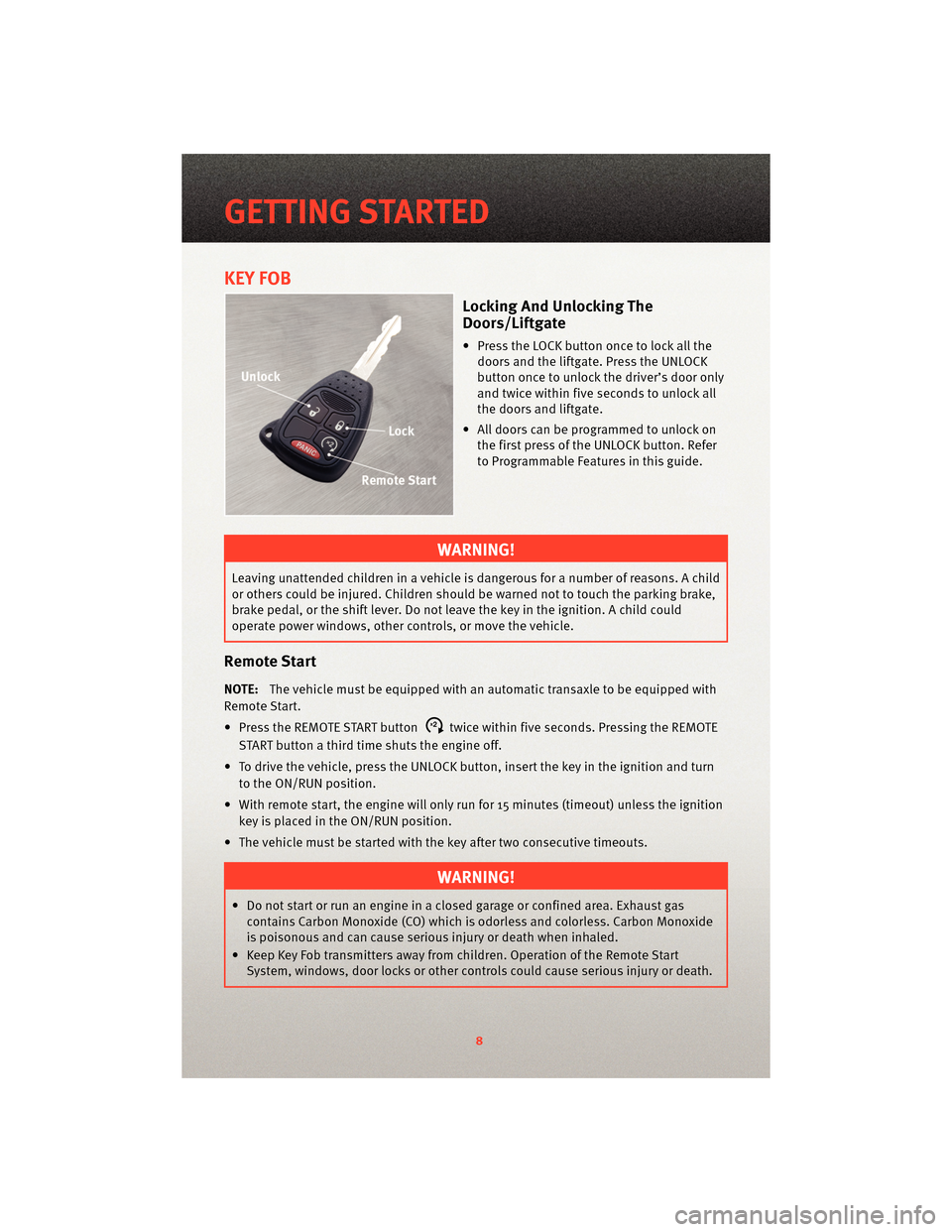 DODGE CALIBER 2010 1.G User Guide KEY FOB
Locking And Unlocking The
Doors/Liftgate
• Press the LOCK button once to lock all thedoors and the liftgate. Press the UNLOCK
button once to unlock the driver’s door only
and twice within 