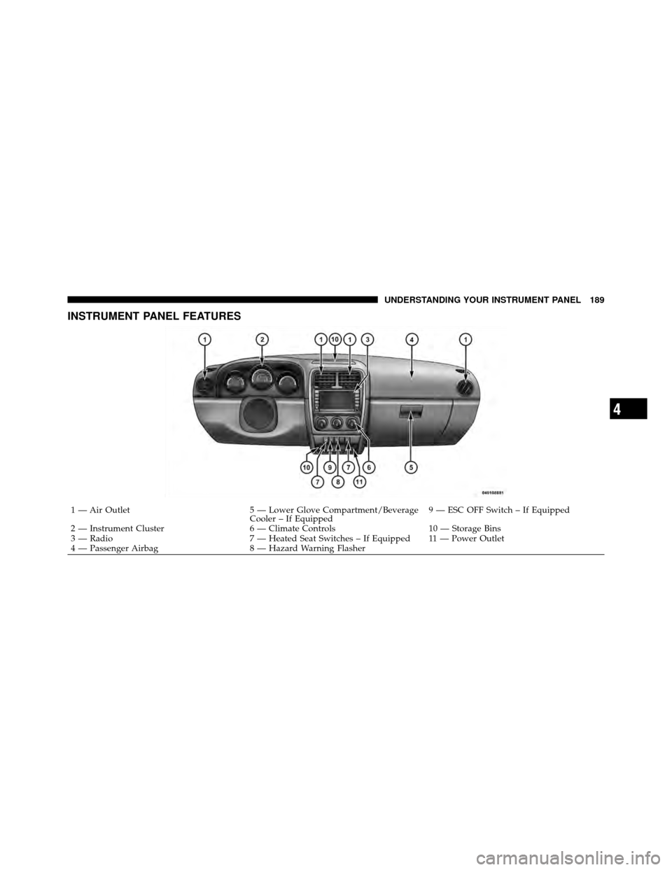 DODGE CALIBER 2010 1.G Owners Manual INSTRUMENT PANEL FEATURES
1 — Air Outlet5 — Lower Glove Compartment/Beverage
Cooler – If Equipped9 — ESC OFF Switch – If Equipped
2 — Instrument Cluster 6 — Climate Controls10 — Storag