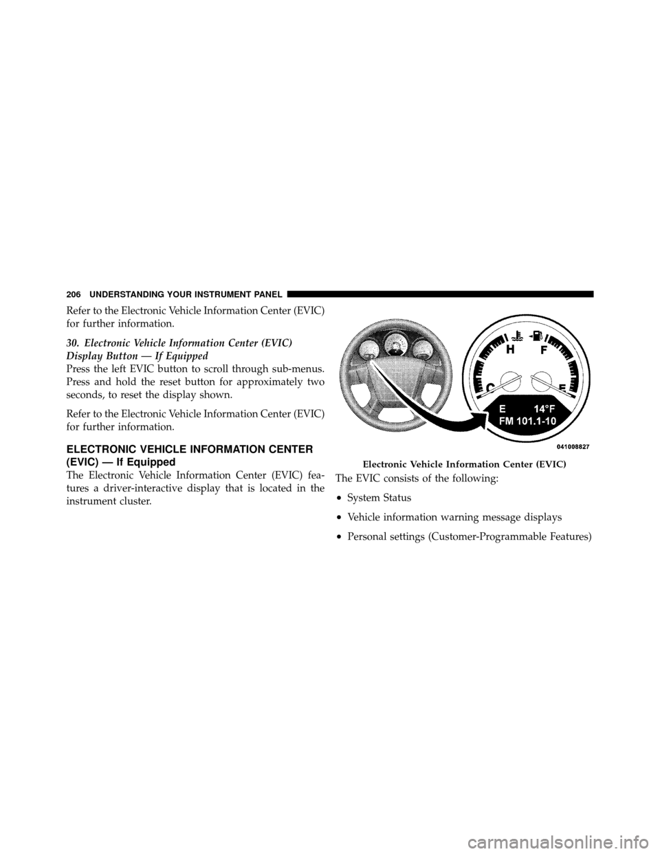 DODGE CALIBER 2010 1.G Owners Manual Refer to the Electronic Vehicle Information Center (EVIC)
for further information.
30. Electronic Vehicle Information Center (EVIC)
Display Button — If Equipped
Press the left EVIC button to scroll  DODGE CALIBER 2010 1.G Owners Manual Refer to the Electronic Vehicle Information Center (EVIC)
for further information.
30. Electronic Vehicle Information Center (EVIC)
Display Button — If Equipped
Press the left EVIC button to scroll
