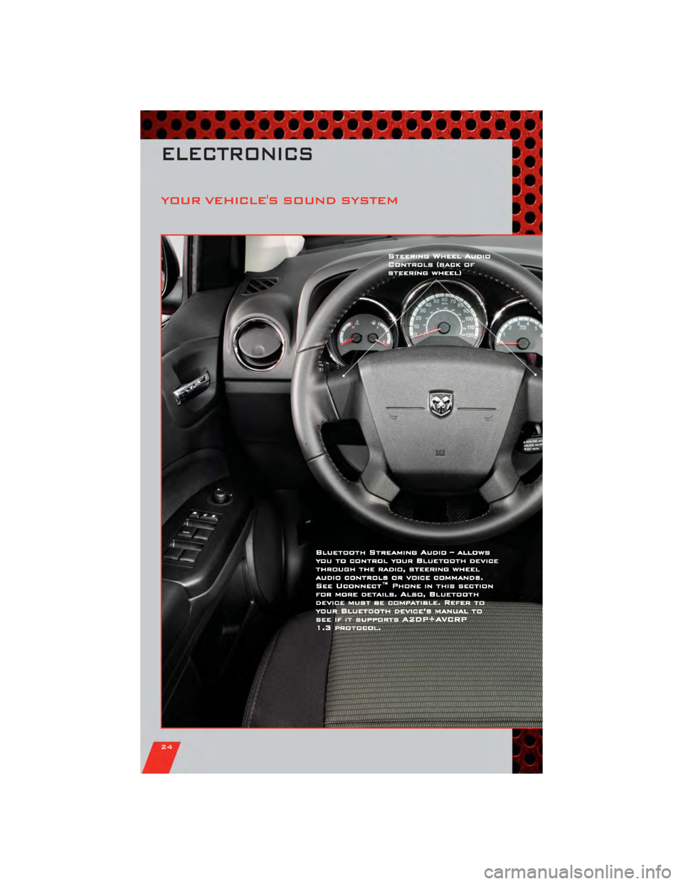 DODGE CALIBER 2011 1.G Owners Manual YOUR VEHICLES SOUND SYSTEM
ELECTRONICS
24 DODGE CALIBER 2011 1.G Owners Manual YOUR VEHICLES SOUND SYSTEM
ELECTRONICS
24