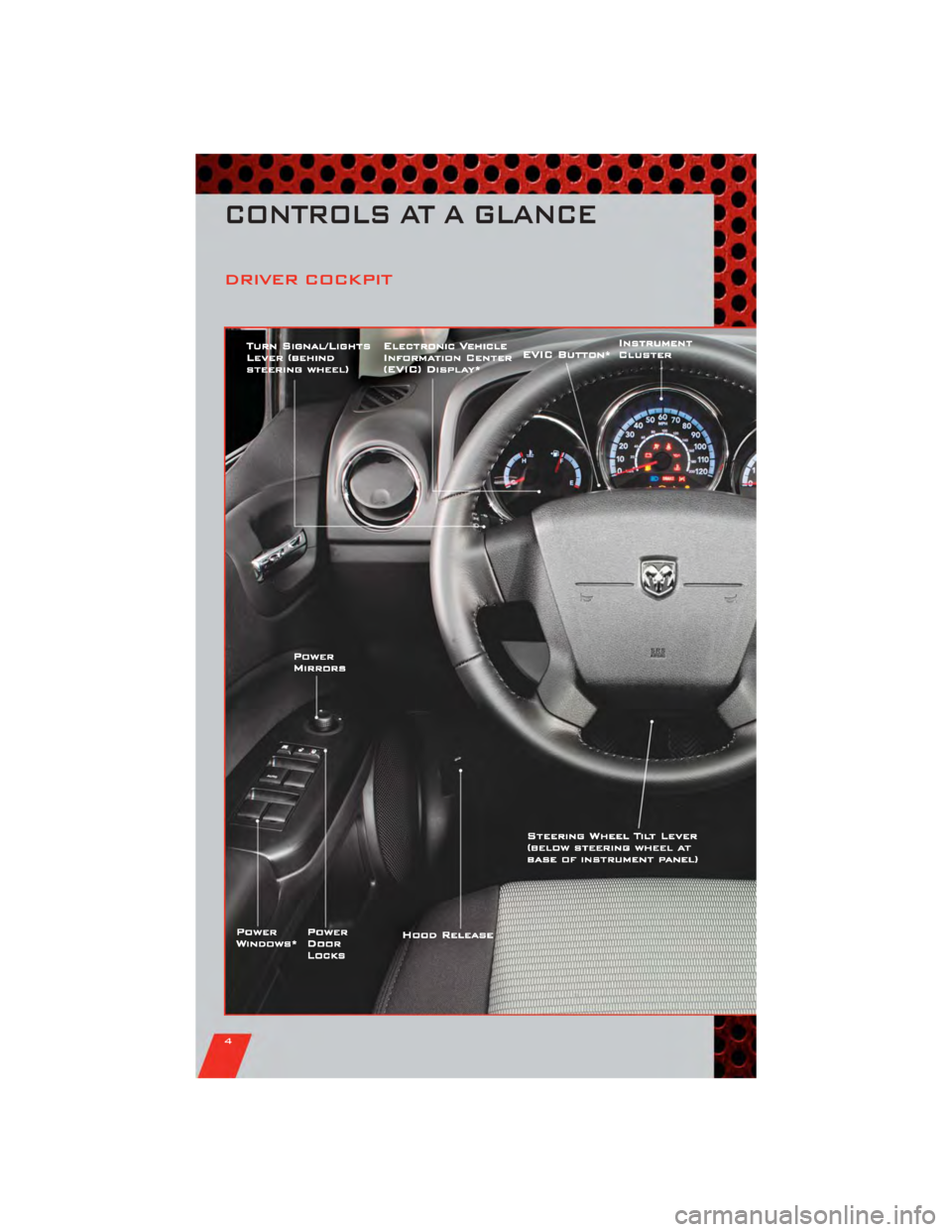 DODGE CALIBER 2011 1.G User Guide DRIVER COCKPIT
CONTROLS AT A GLANCE
4 DODGE CALIBER 2011 1.G User Guide DRIVER COCKPIT
CONTROLS AT A GLANCE
4