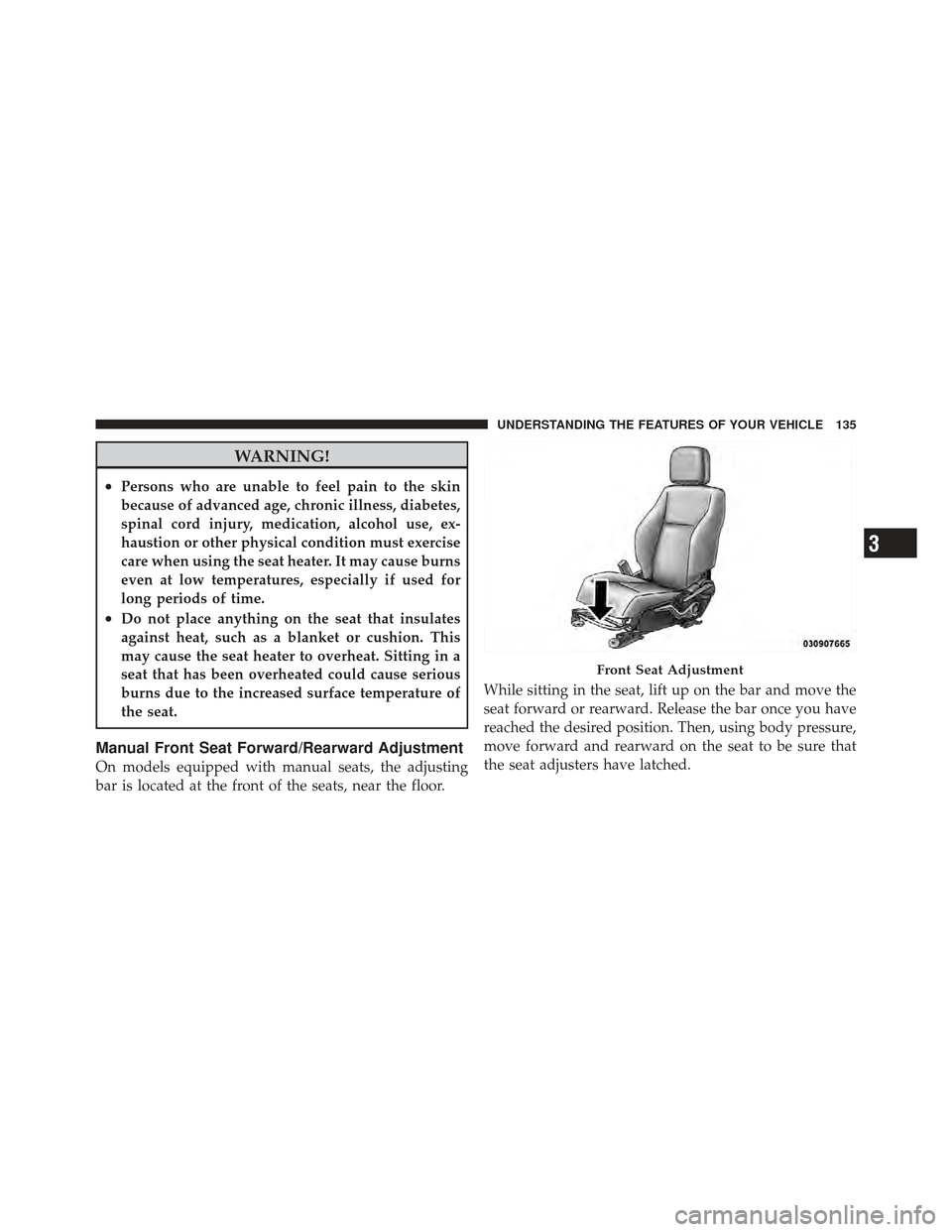 DODGE CALIBER 2011 1.G User Guide WARNING!
•Persons who are unable to feel pain to the skin
because of advanced age, chronic illness, diabetes,
spinal cord injury, medication, alcohol use, ex-
haustion or other physical condition mu