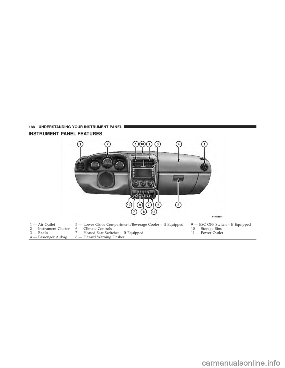 DODGE CALIBER 2011 1.G Owners Manual INSTRUMENT PANEL FEATURES
1 — Air Outlet5 — Lower Glove Compartment/Beverage Cooler – If Equipped 9 — ESC OFF Switch – If Equipped
2 — Instrument Cluster 6 — Climate Controls 10 — Stor