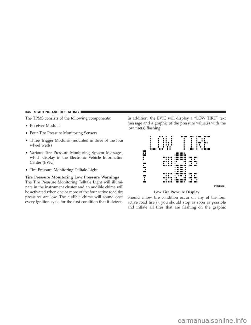 DODGE CALIBER 2011 1.G Owners Manual The TPMS consists of the following components:
•Receiver Module
•Four Tire Pressure Monitoring Sensors
•Three Trigger Modules (mounted in three of the four
wheel wells)
•Various Tire Pressure 