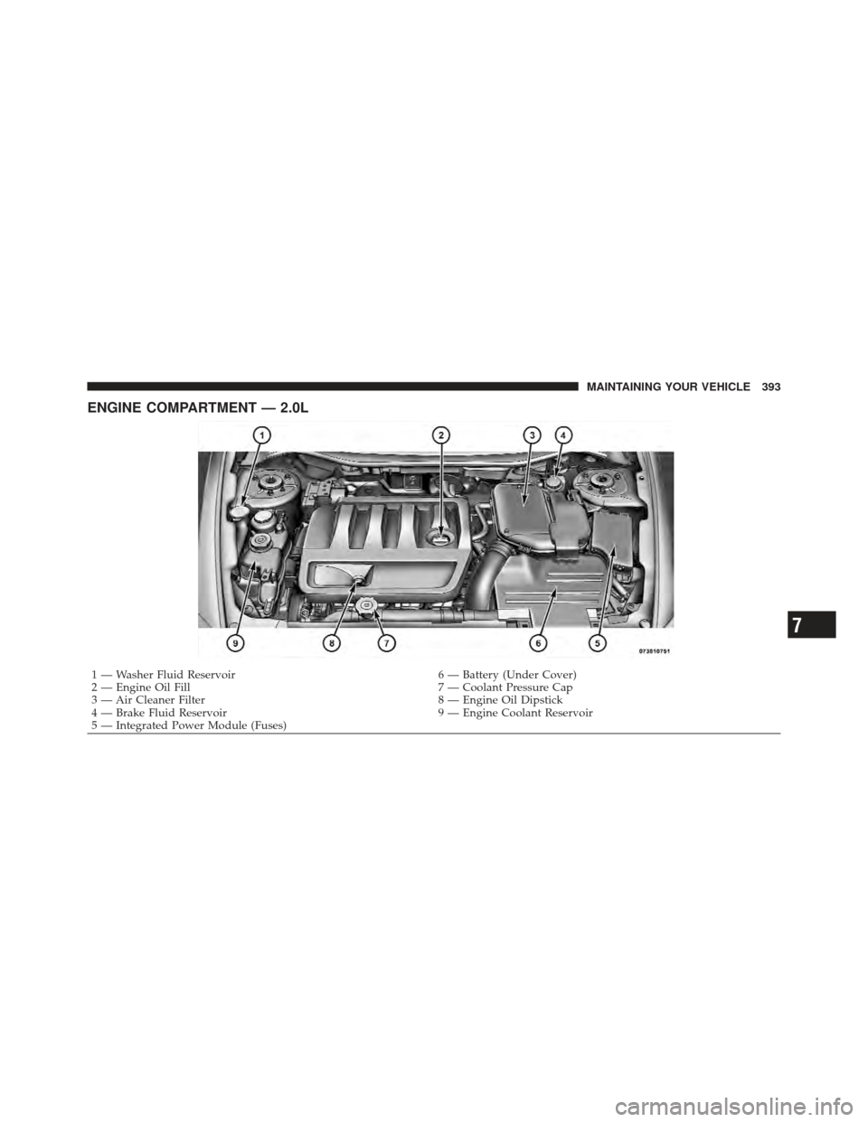 DODGE CALIBER 2011 1.G Owners Manual ENGINE COMPARTMENT — 2.0L
1 — Washer Fluid Reservoir6 — Battery (Under Cover)
2 — Engine Oil Fill 7 — Coolant Pressure Cap
3 — Air Cleaner Filter 8 — Engine Oil Dipstick
4 — Brake Flui