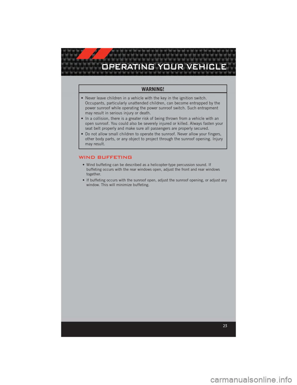 DODGE CALIBER 2012 1.G User Guide WARNING!
• Never leave children in a vehicle with the key in the ignition switch.Occupants, particularly unattended children, can become entrapped by the
power sunroof while operating the power sunr