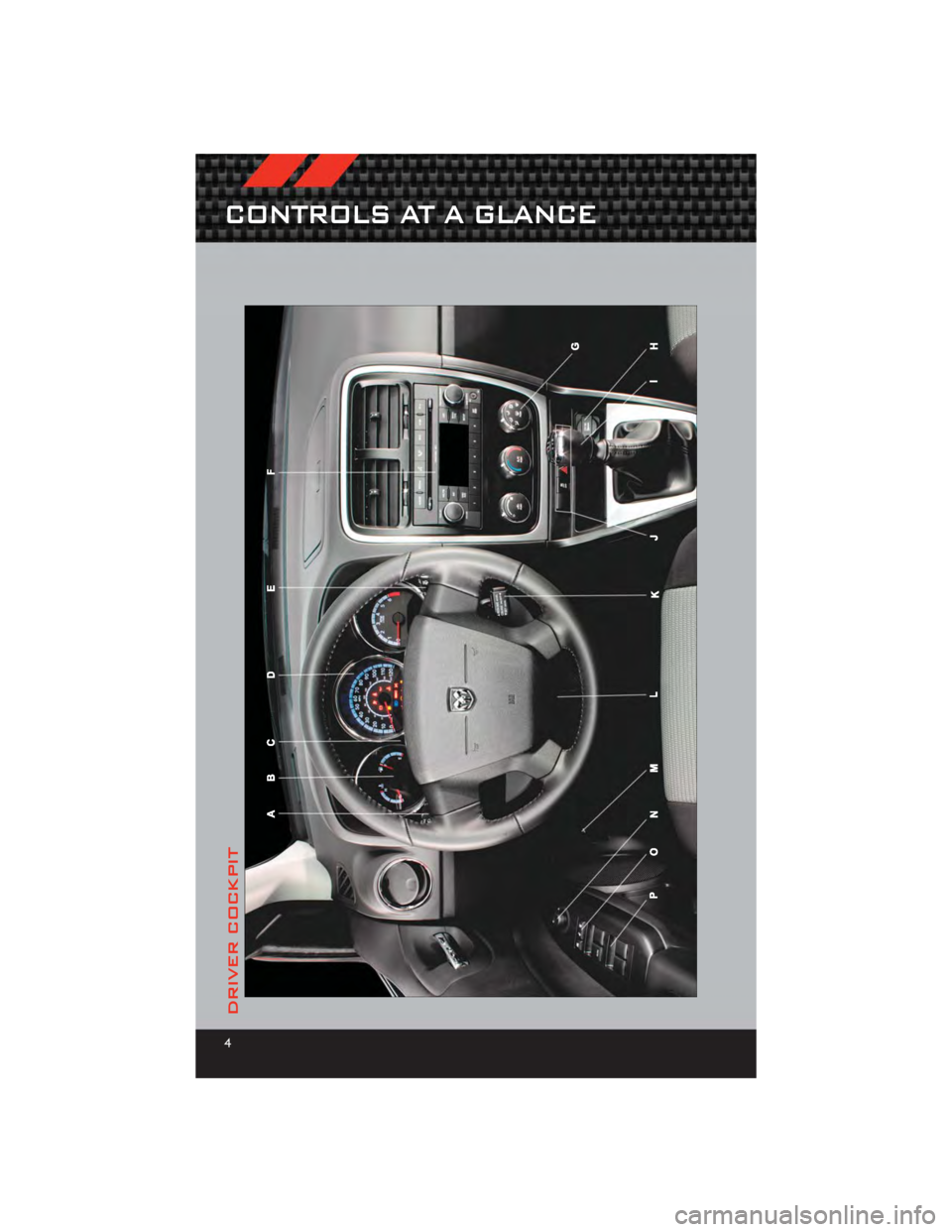 DODGE CALIBER 2012 1.G User Guide DRIVER COCKPIT
CONTROLS AT A GLANCE
4 DODGE CALIBER 2012 1.G User Guide DRIVER COCKPIT
CONTROLS AT A GLANCE
4