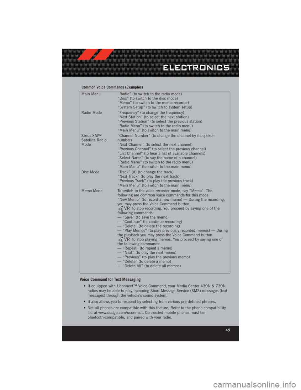 DODGE CALIBER 2012 1.G User Guide Common Voice Commands (Examples)
Main Menu “Radio” (to switch to the radio mode)“Disc” (to switch to the disc mode)
“Memo” (to switch to the memo recorder)
“System Setup” (to switch to DODGE CALIBER 2012 1.G User Guide Common Voice Commands (Examples)
Main Menu “Radio” (to switch to the radio mode)“Disc” (to switch to the disc mode)
“Memo” (to switch to the memo recorder)
“System Setup” (to switch to