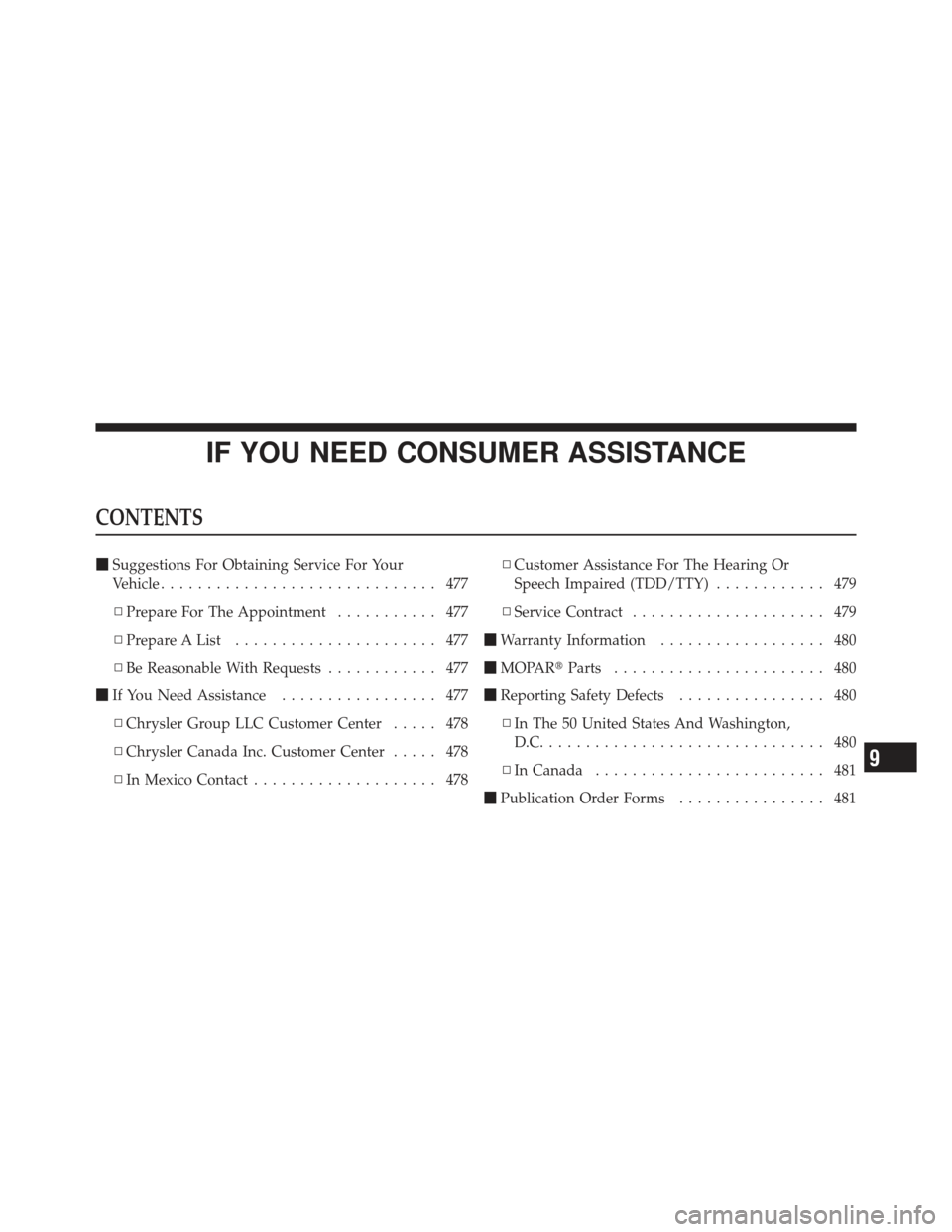 DODGE CALIBER 2012 1.G Owners Manual IF YOU NEED CONSUMER ASSISTANCE
CONTENTS
Suggestions For Obtaining Service For Your
Vehicle .............................. 477
▫ Prepare For The Appointment ........... 477
▫ Prepare A List .....