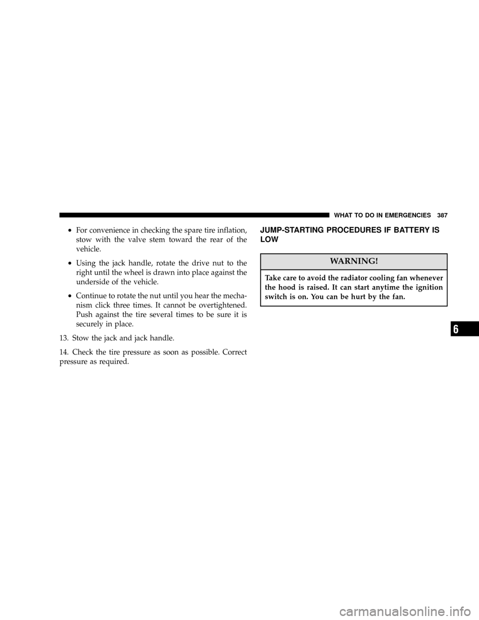 DODGE CARAVAN 2006 4.G Owners Manual •For convenience in checking the spare tire inflation,
stow with the valve stem toward the rear of the
vehicle.
•Using the jack handle, rotate the drive nut to the
right until the wheel is drawn i