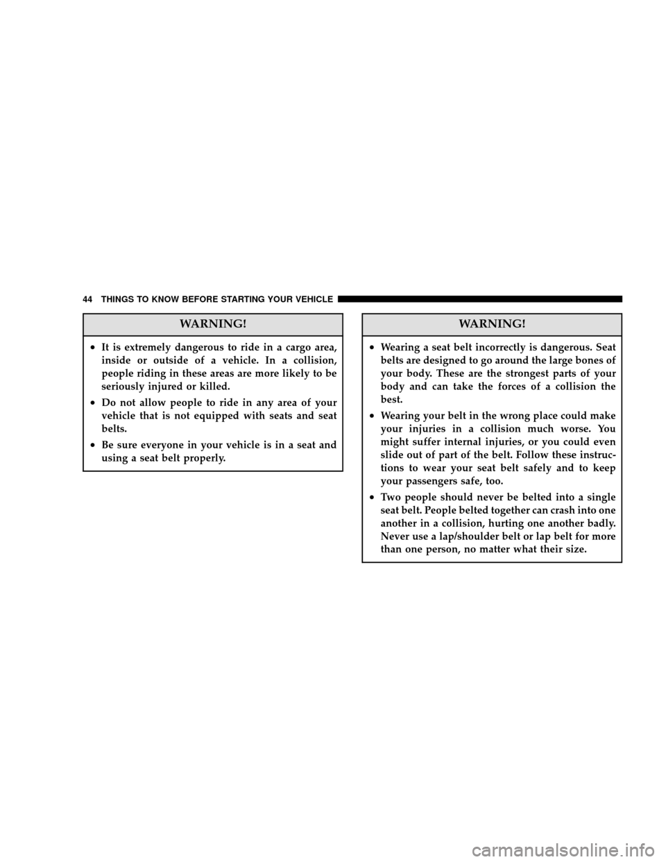 DODGE CARAVAN 2006 4.G Service Manual WARNING!
•It is extremely dangerous to ride in a cargo area,
inside or outside of a vehicle. In a collision,
people riding in these areas are more likely to be
seriously injured or killed.
•Do not