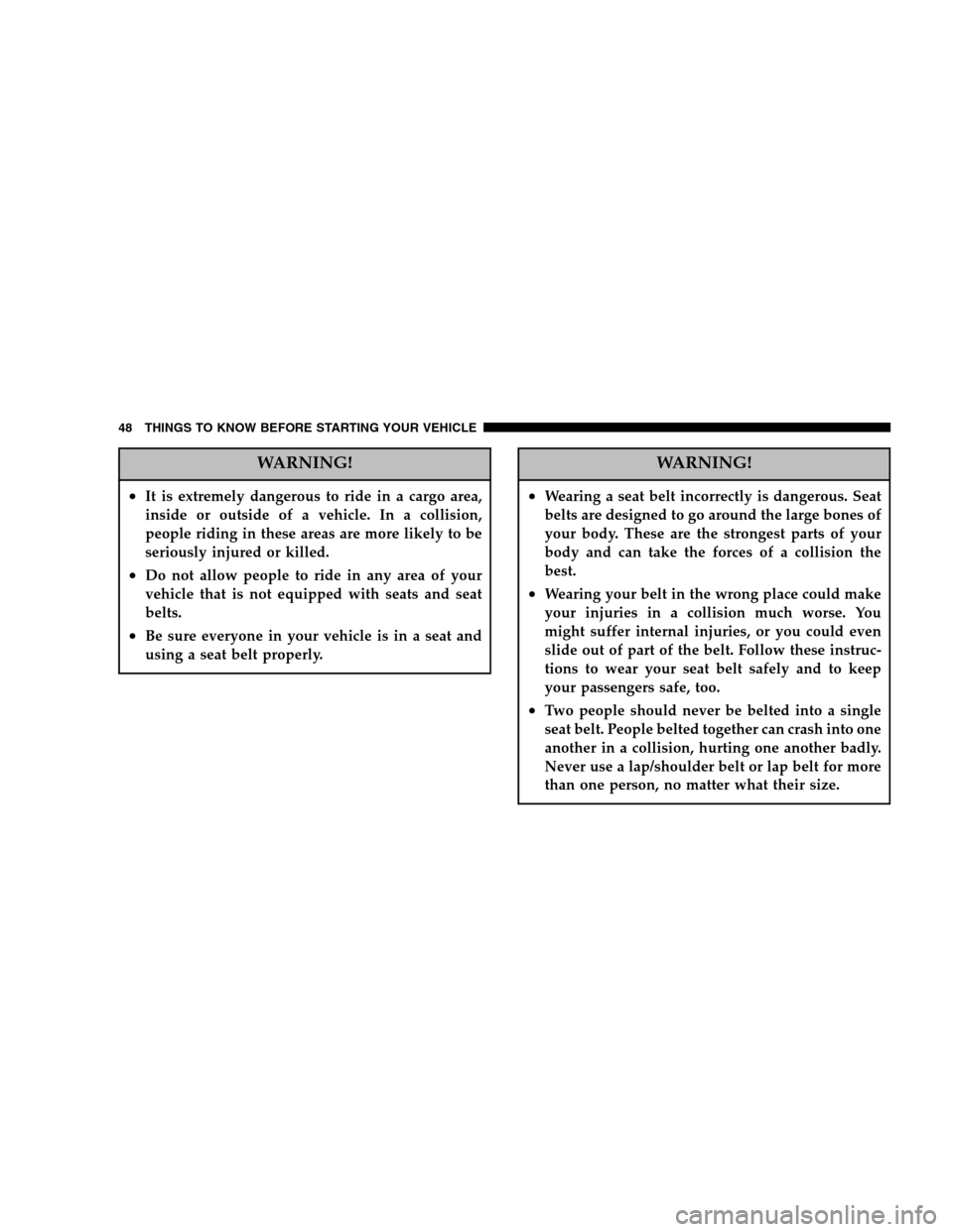 DODGE CARAVAN 2007 4.G Service Manual WARNING!
•It is extremely dangerous to ride in a cargo area, 
inside or outside of a vehicle. In a collision,
people riding in these areas are more likely to be
seriously injured or killed.
•Do no