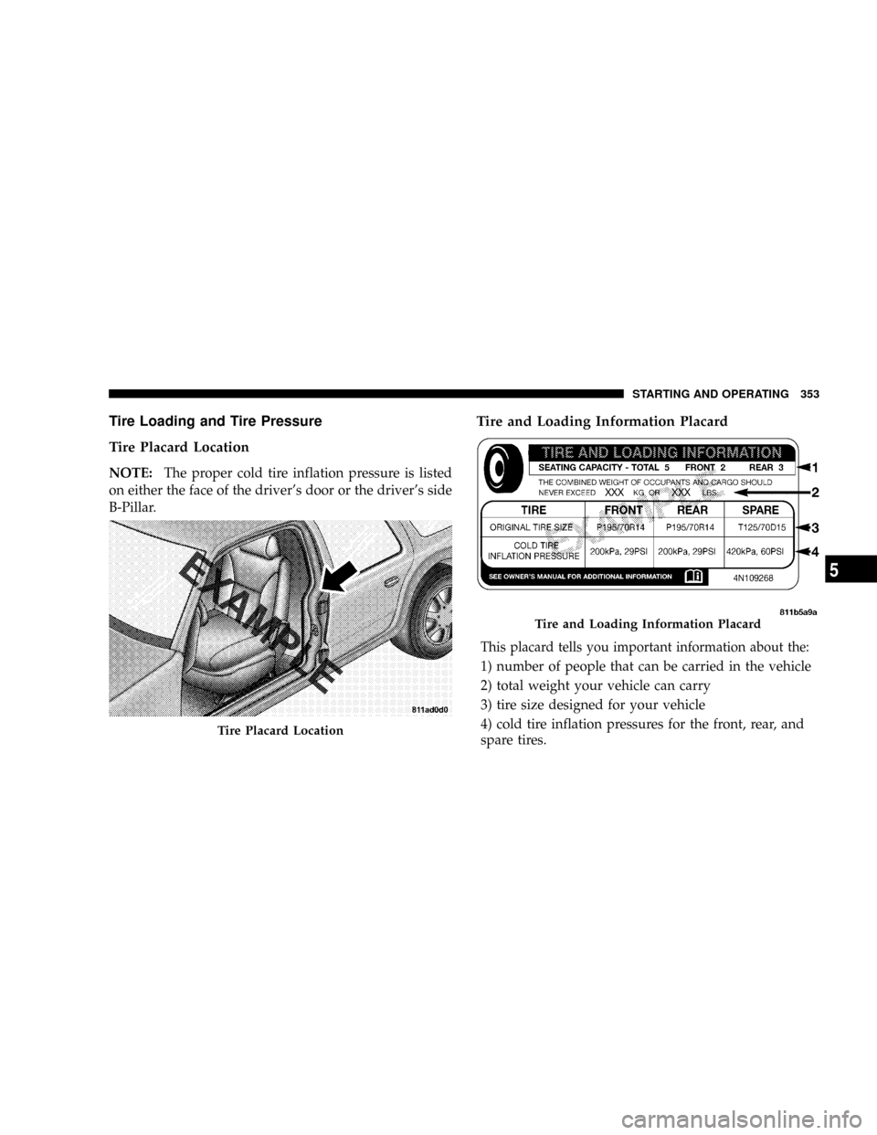 DODGE CARAVAN 2008 5.G Owners Manual Tire Loading and Tire Pressure
Tire Placard Location
NOTE:The proper cold tire inflation pressure is listed
on either the face of the drivers door or the drivers side
B-Pillar.
Tire and Loading Info DODGE CARAVAN 2008 5.G Owners Manual Tire Loading and Tire Pressure
Tire Placard Location
NOTE:The proper cold tire inflation pressure is listed
on either the face of the drivers door or the drivers side
B-Pillar.
Tire and Loading Info