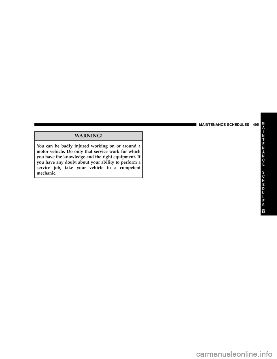 DODGE CARAVAN 2008 5.G Owners Manual WARNING!
You can be badly injured working on or around a
motor vehicle. Do only that service work for which
you have the knowledge and the right equipment. If
you have any doubt about your ability to 