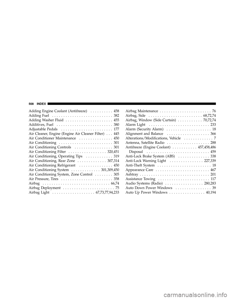 DODGE CARAVAN 2008 5.G Owners Manual Adding Engine Coolant (Antifreeze).......... 458
Adding Fuel........................... 382
Adding Washer Fluid..................... 455
Additives, Fuel......................... 380
Adjustable Pedals. DODGE CARAVAN 2008 5.G Owners Manual Adding Engine Coolant (Antifreeze).......... 458
Adding Fuel........................... 382
Adding Washer Fluid..................... 455
Additives, Fuel......................... 380
Adjustable Pedals.