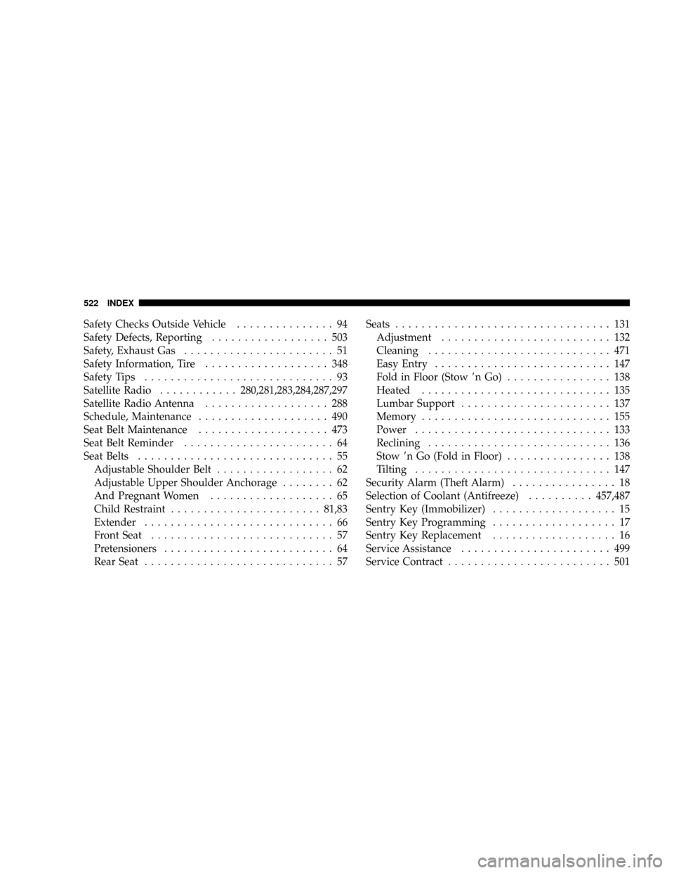 DODGE CARAVAN 2008 5.G Owners Manual Safety Checks Outside Vehicle............... 94
Safety Defects, Reporting.................. 503
Safety, Exhaust Gas....................... 51
Safety Information, Tire................... 348
Safety Tip